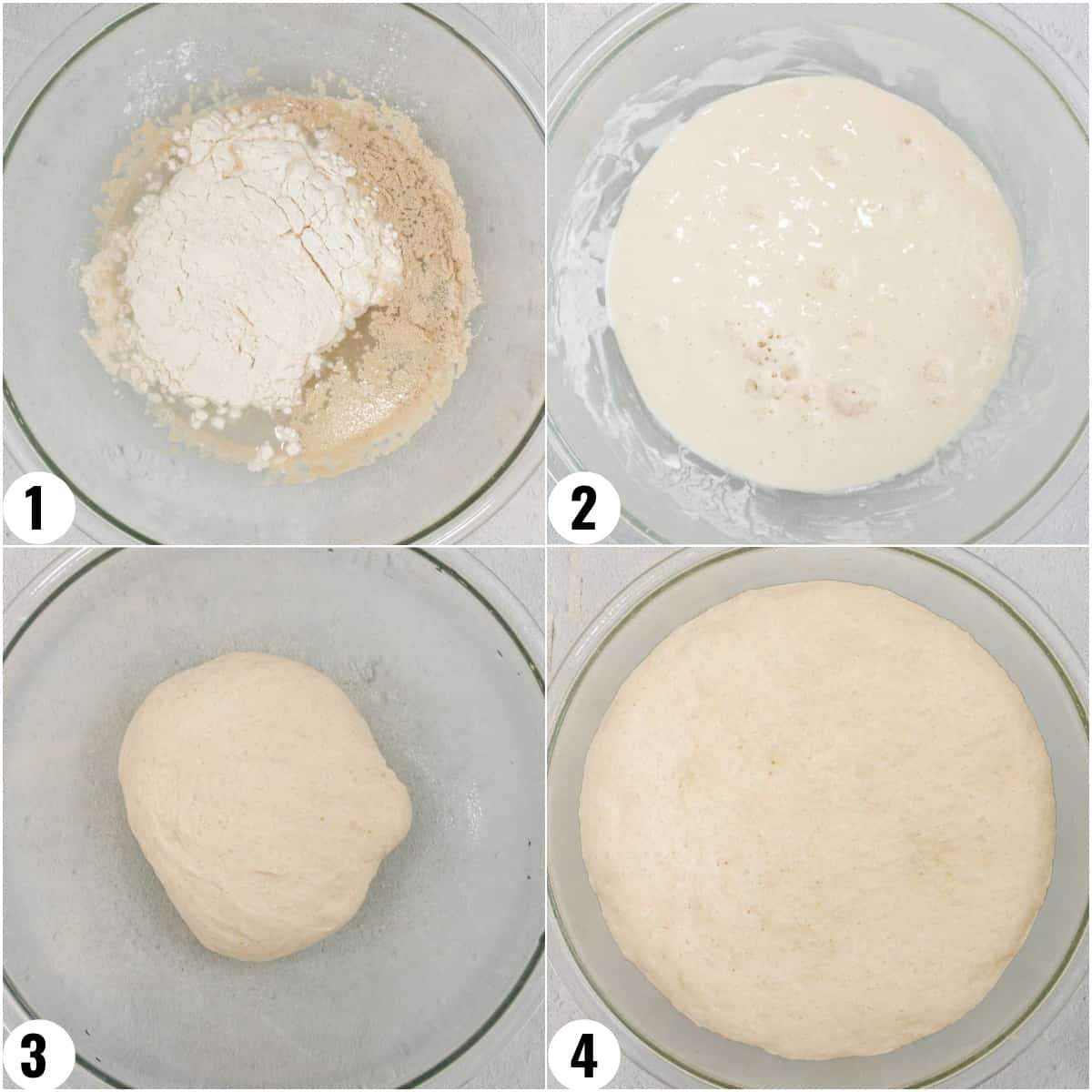 Step by step image collage of how to make pita dough.