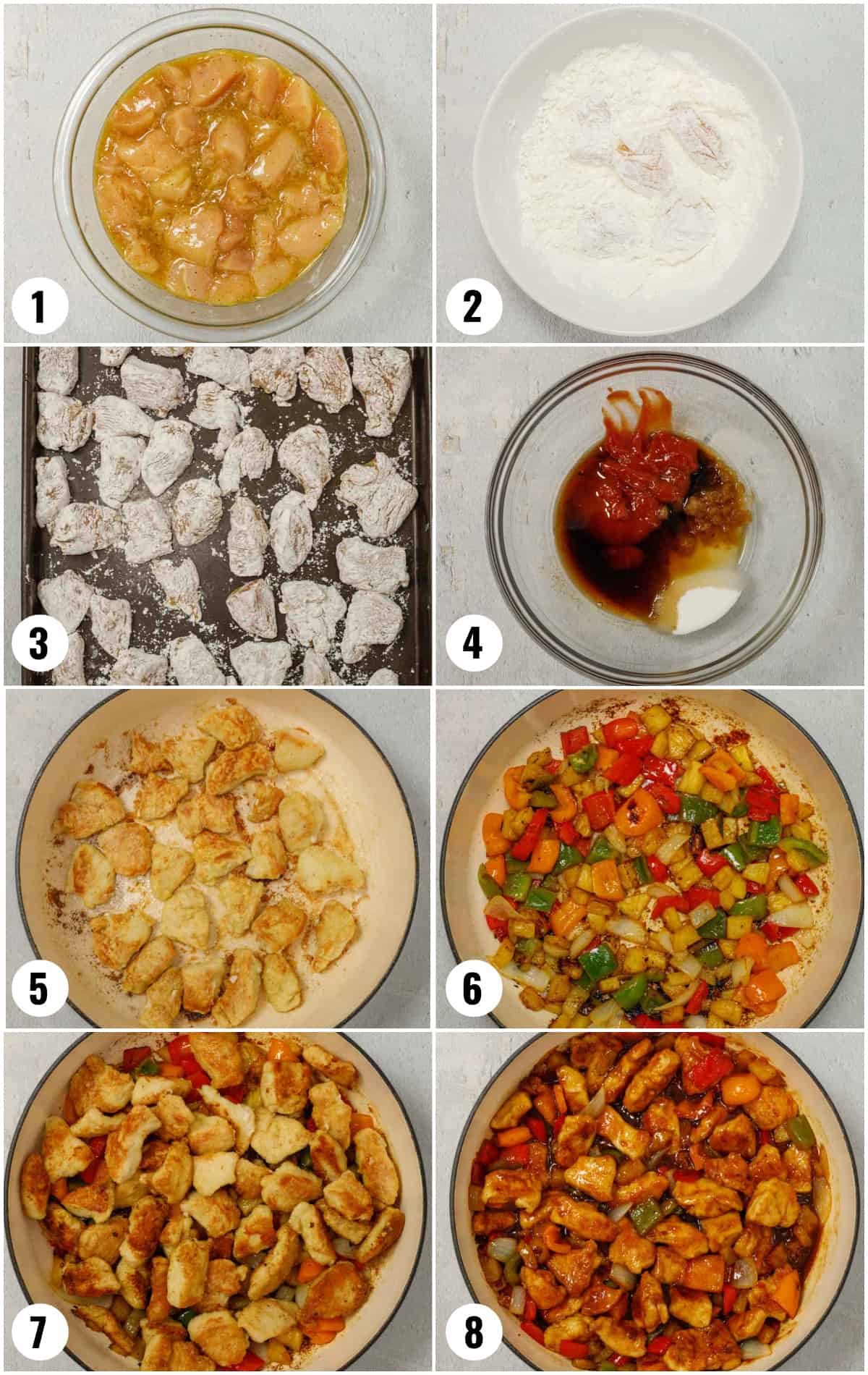 Step by step image collages on how to make sweet and sour chicken.