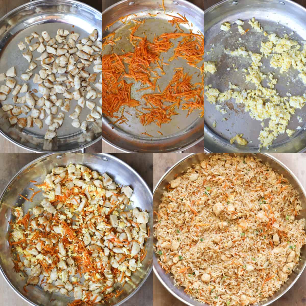 Step By step image collage of how to make chicken fried rice.