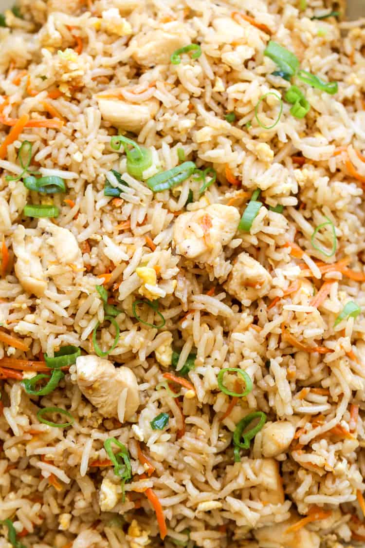 Up close photo of finished and plated chicken fried rice.