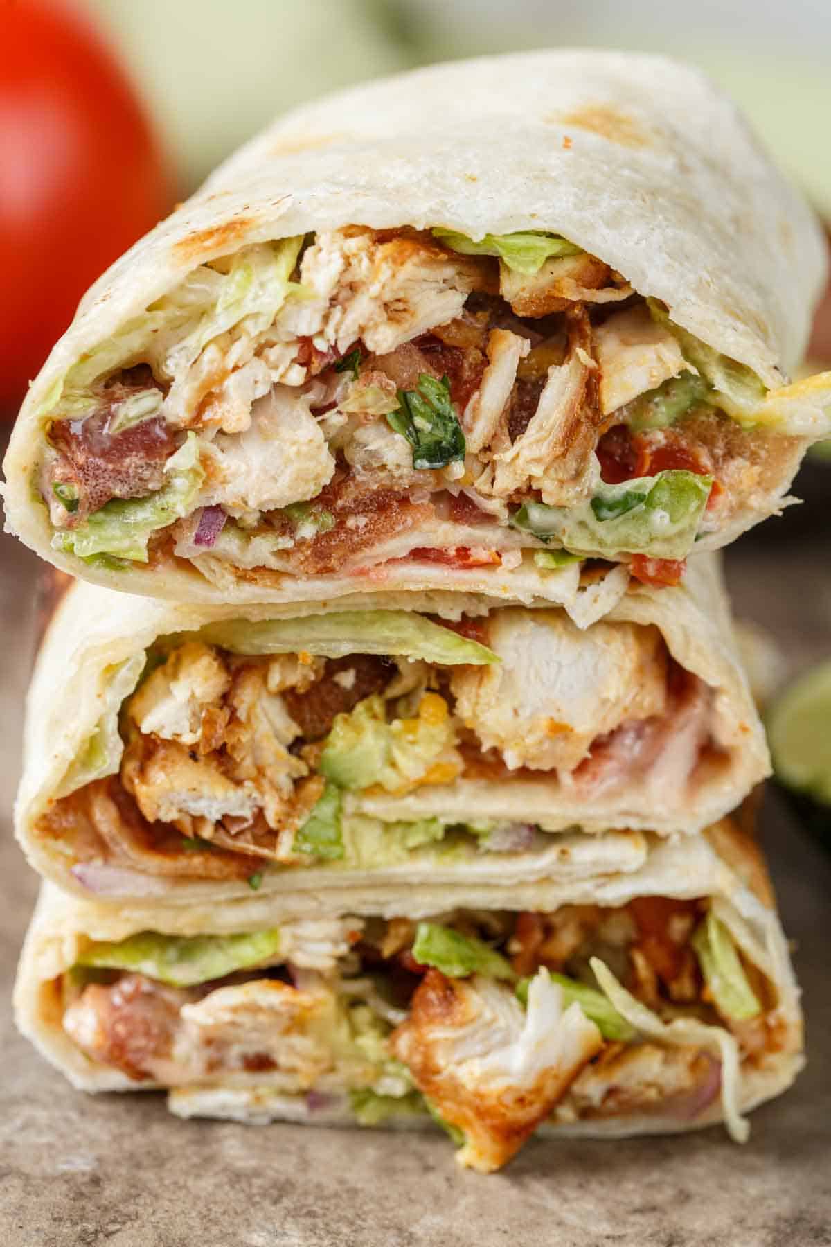 Upclose of cut open chicken wrap.
