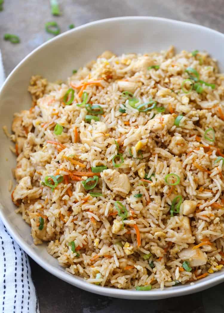 Close up image of plated chicken fried rice.