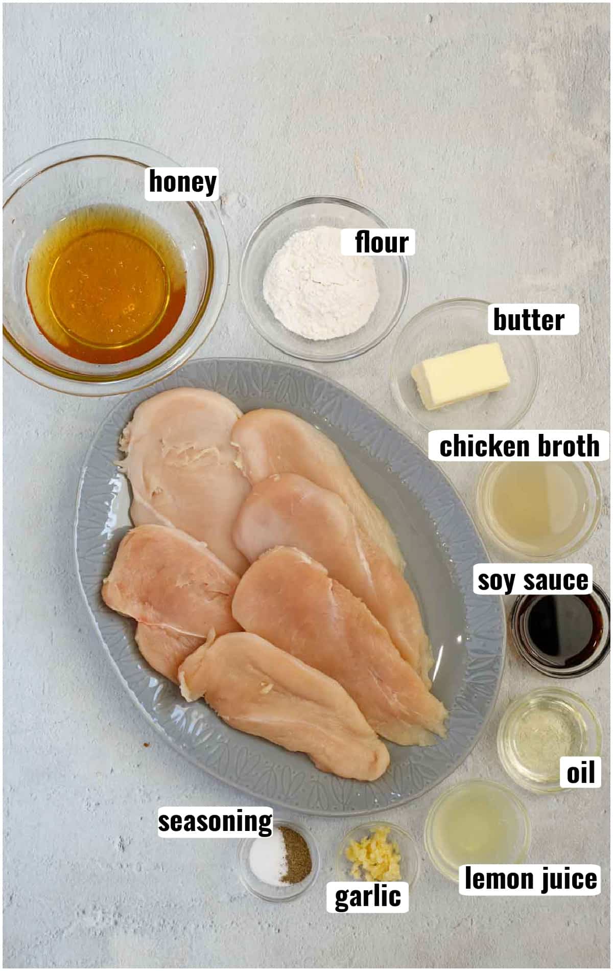 All ingredients needed to make honey chicken.