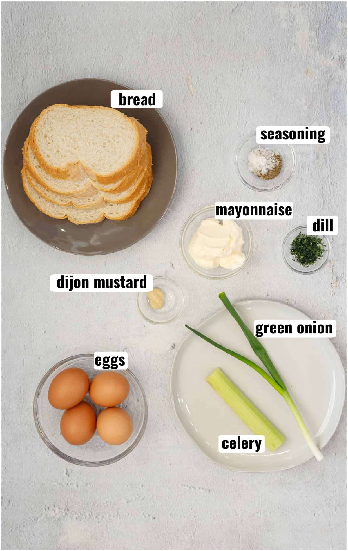 All ingredients needed to make egg salad sandwich.