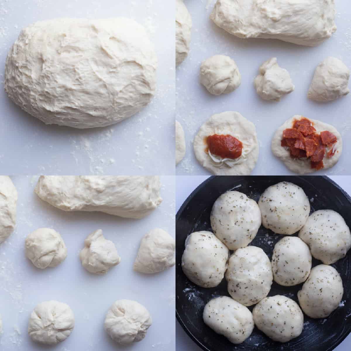 Step by step image collage of how to make pepperoni rolls.