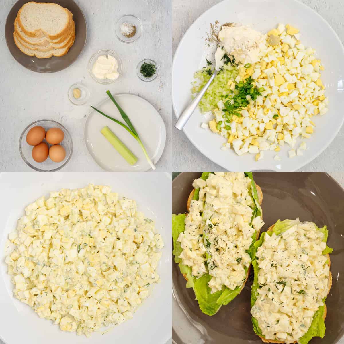 Step by step image collage on how to make egg salad sandwich.