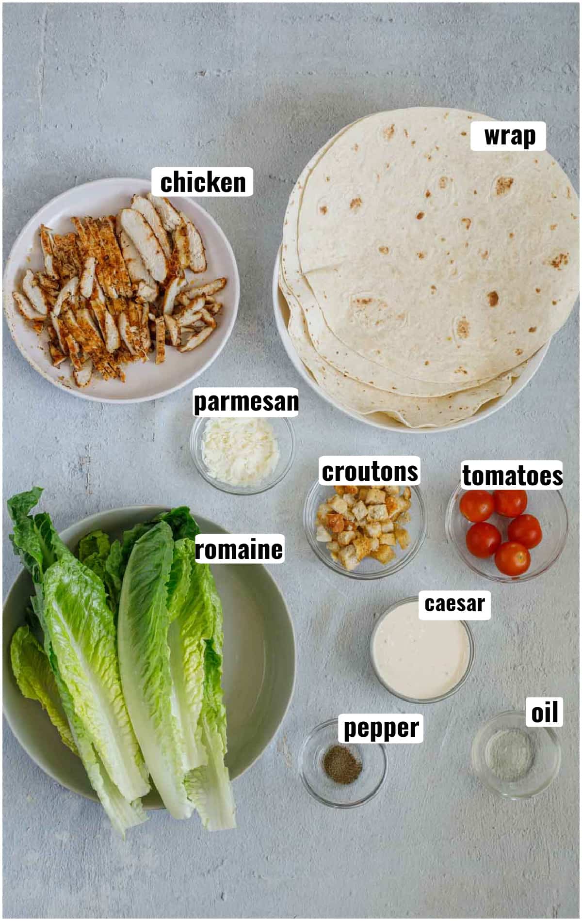 All ingredients for chicken caesar salad wrap.