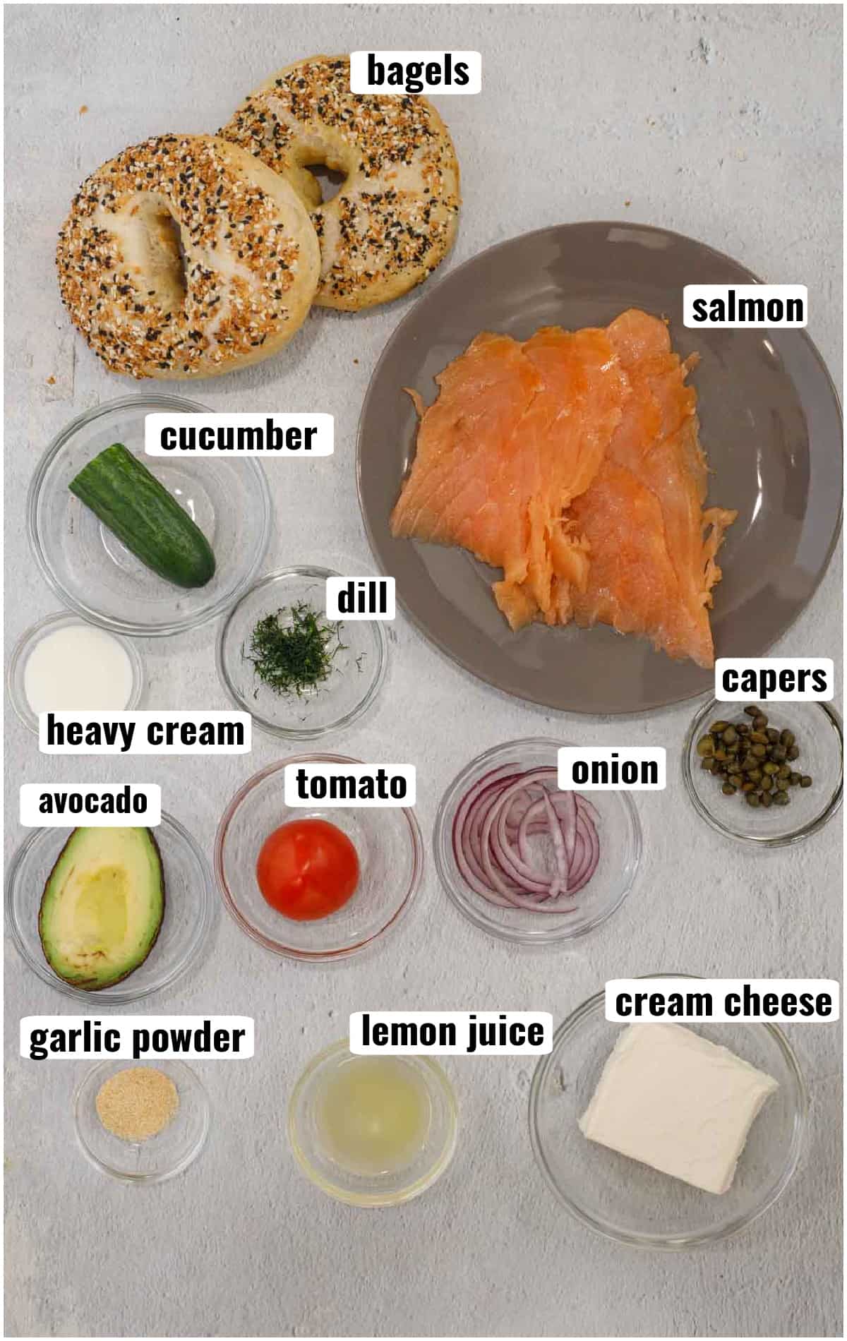 Ingredients for how to make salmon bagel.