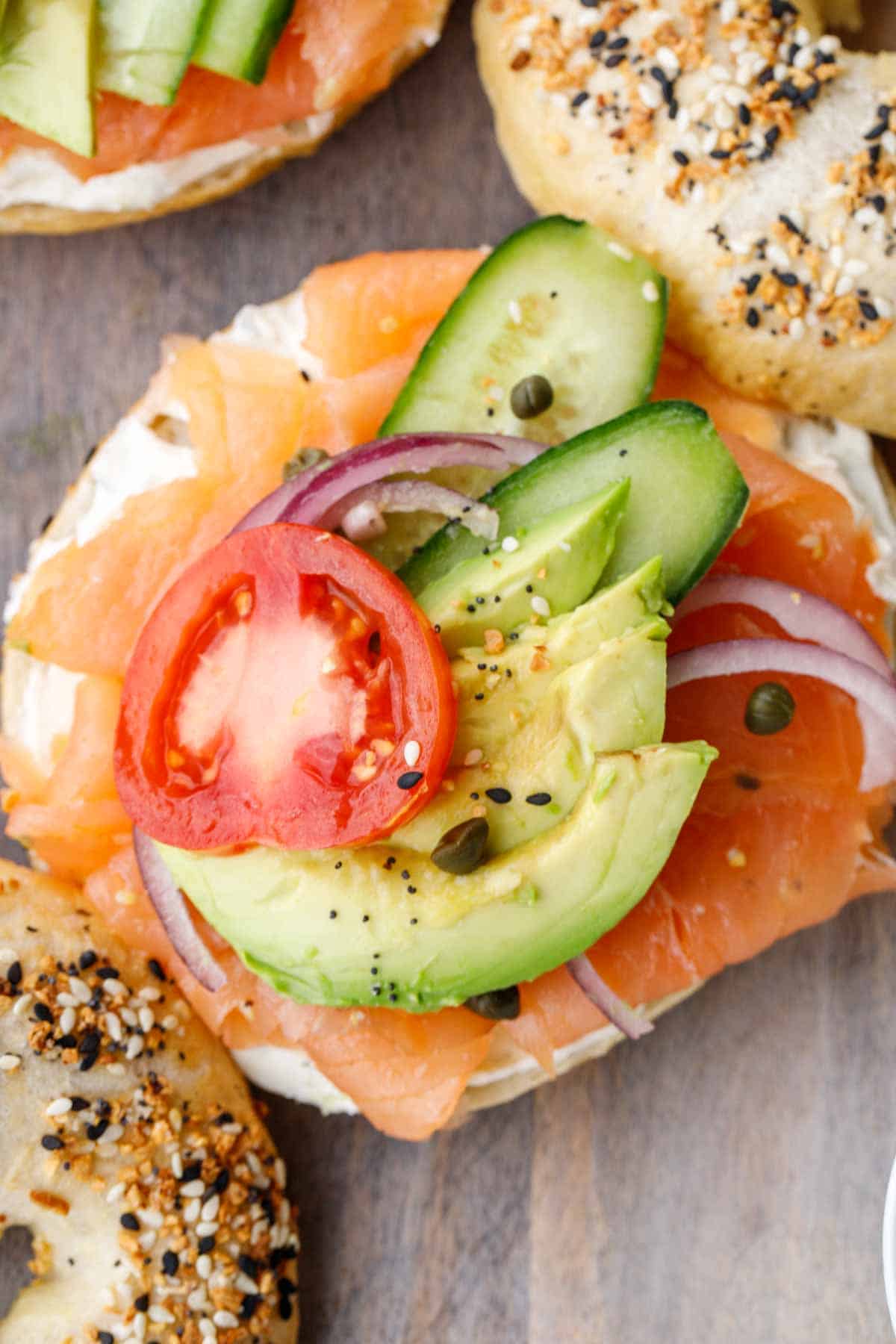 Salmon bagel sided with more everything bagels.