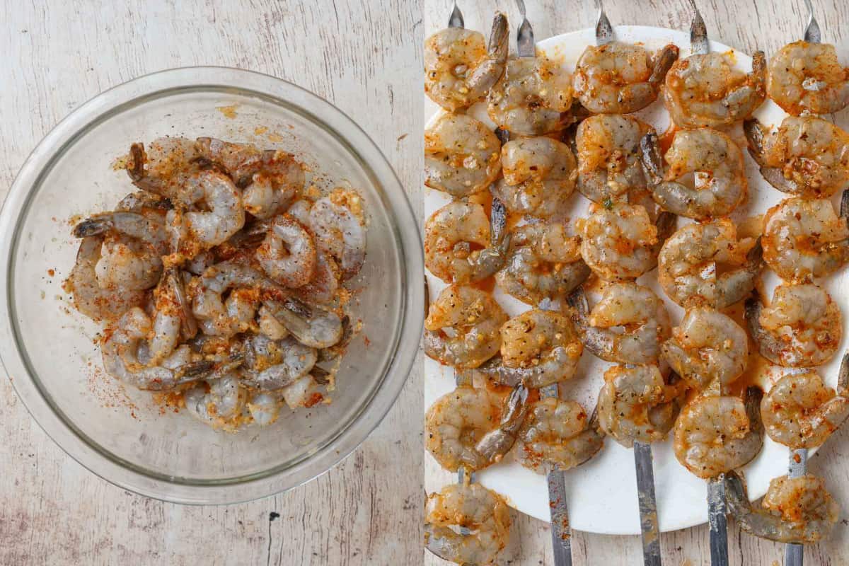 Step by step image collage of how to make grilled shrimp.