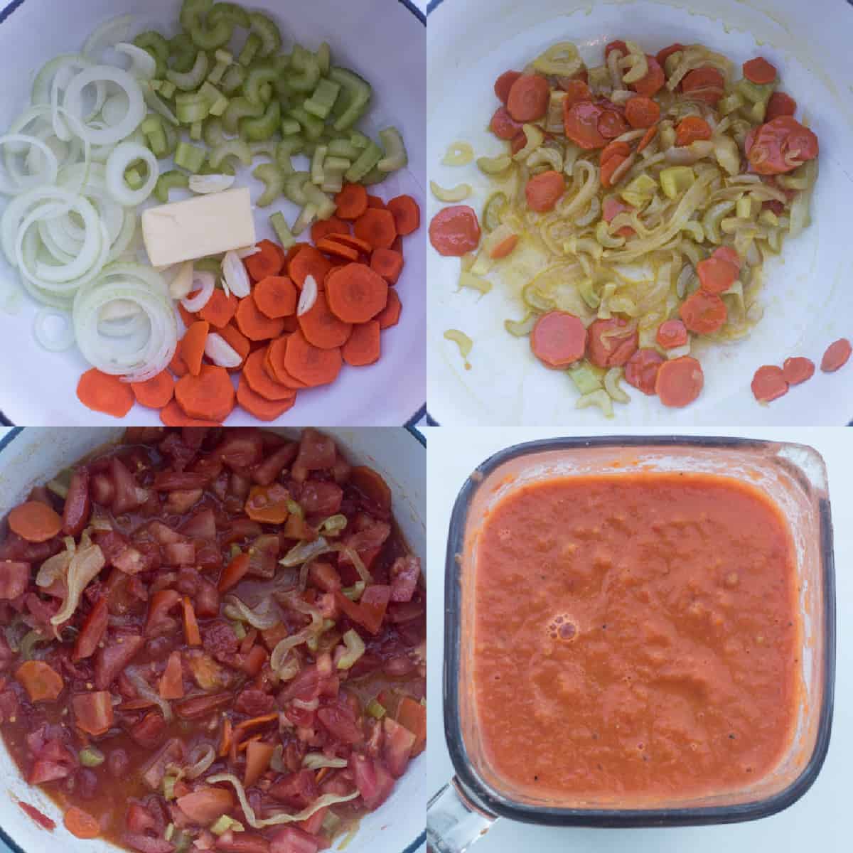 Step-by-step collage image of how to make tomato soup.