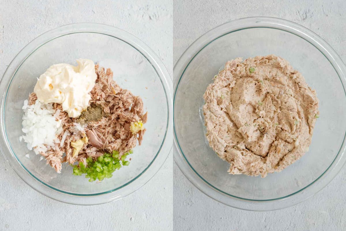 Step by step image collage of how to make tuna sandwich.