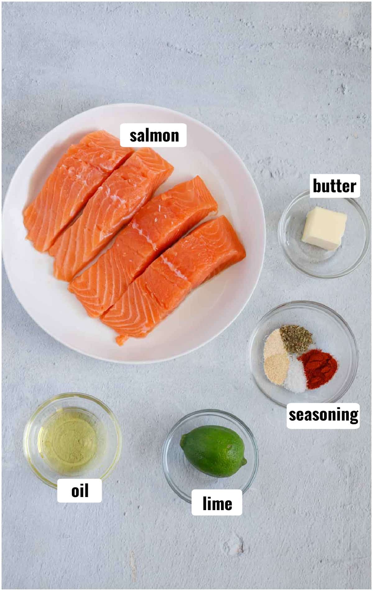 An image displaying all the ingredients for blackened salmon.