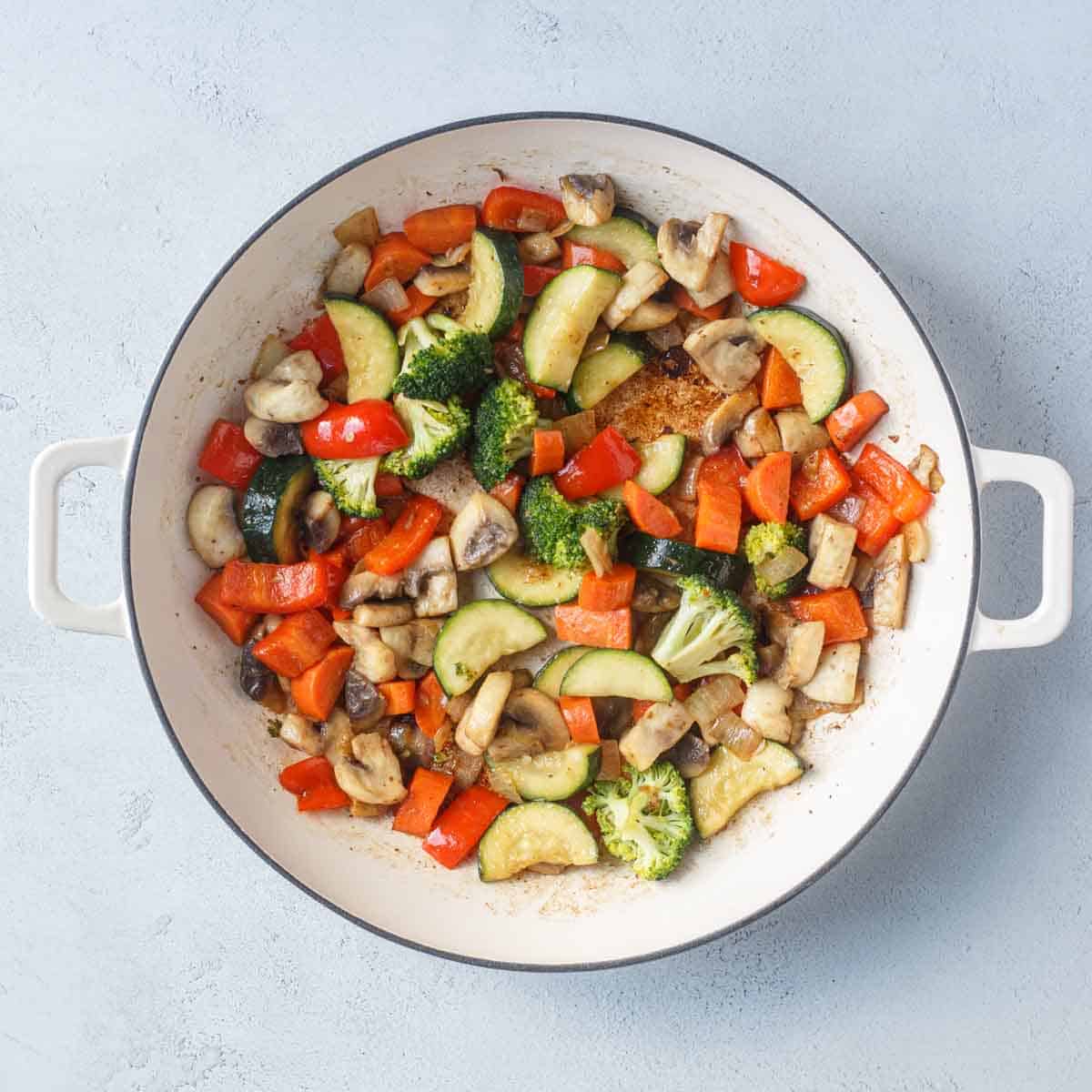 A skillet of the cooking vegetables. 