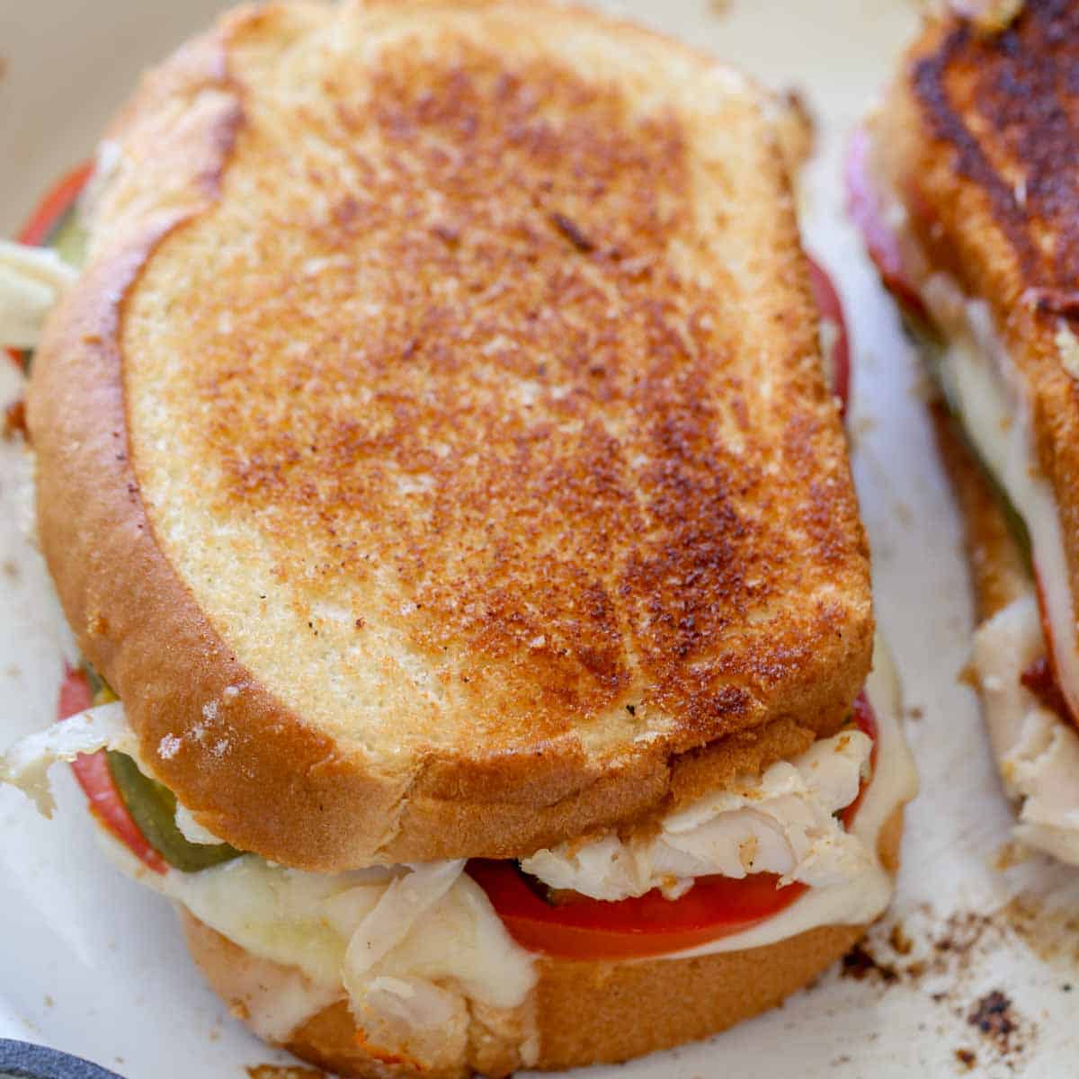 A perfectly golden-brown gourmet grilled cheese. 