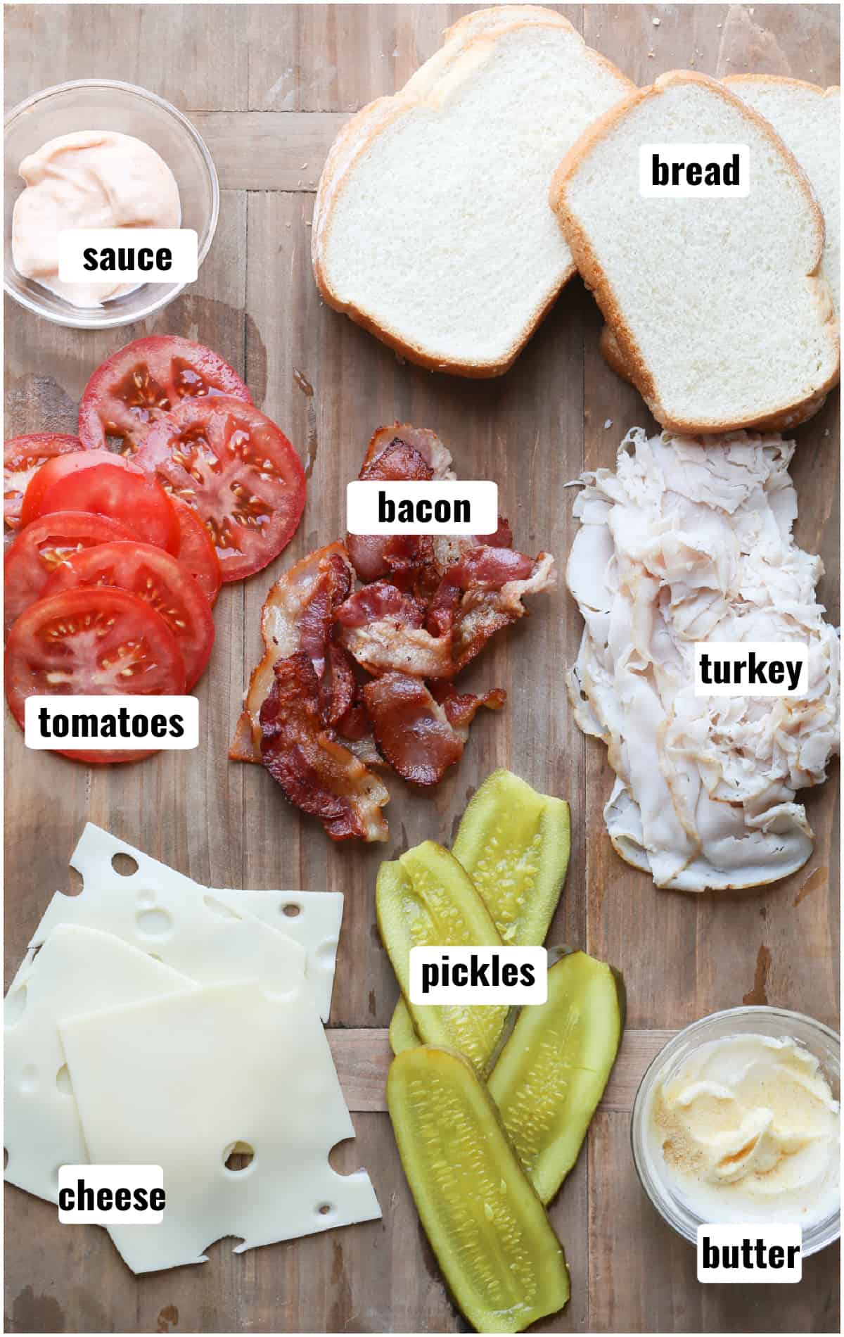 An image displaying all the labeled ingredients to make a gourmet sandwich. 