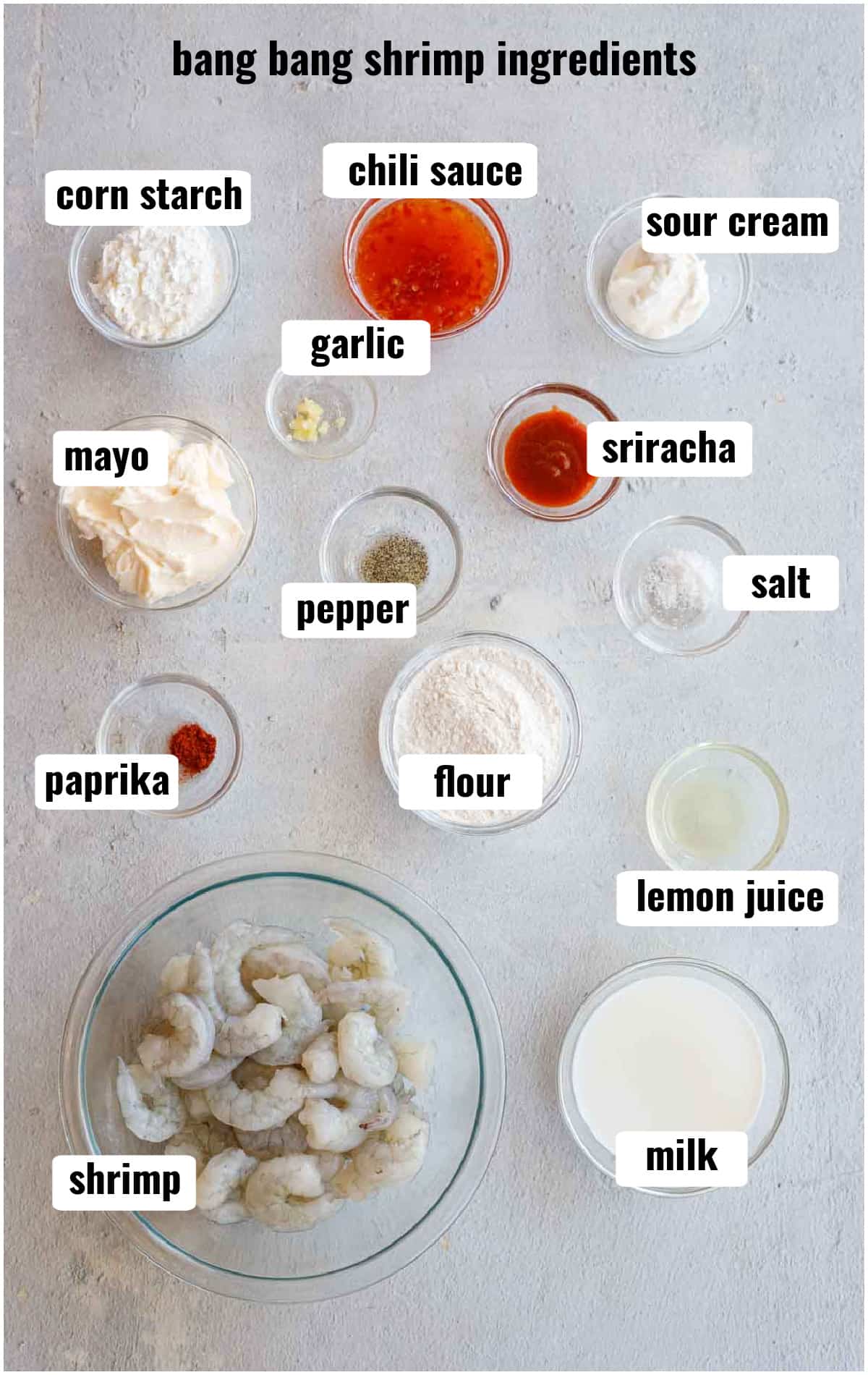 A set up of all the ingredients to make bang bang shrimp.