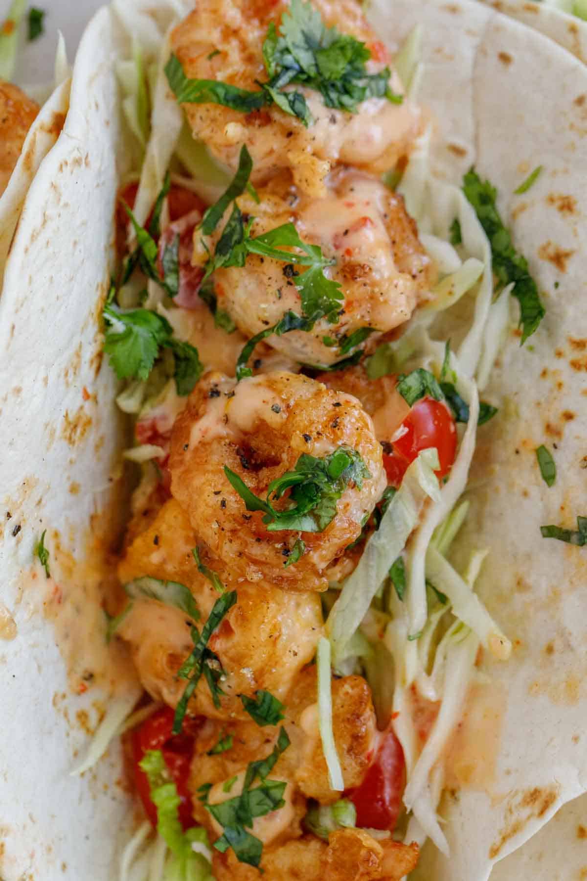 A taco with the bang bang shrimp and shredded cabbage topping.