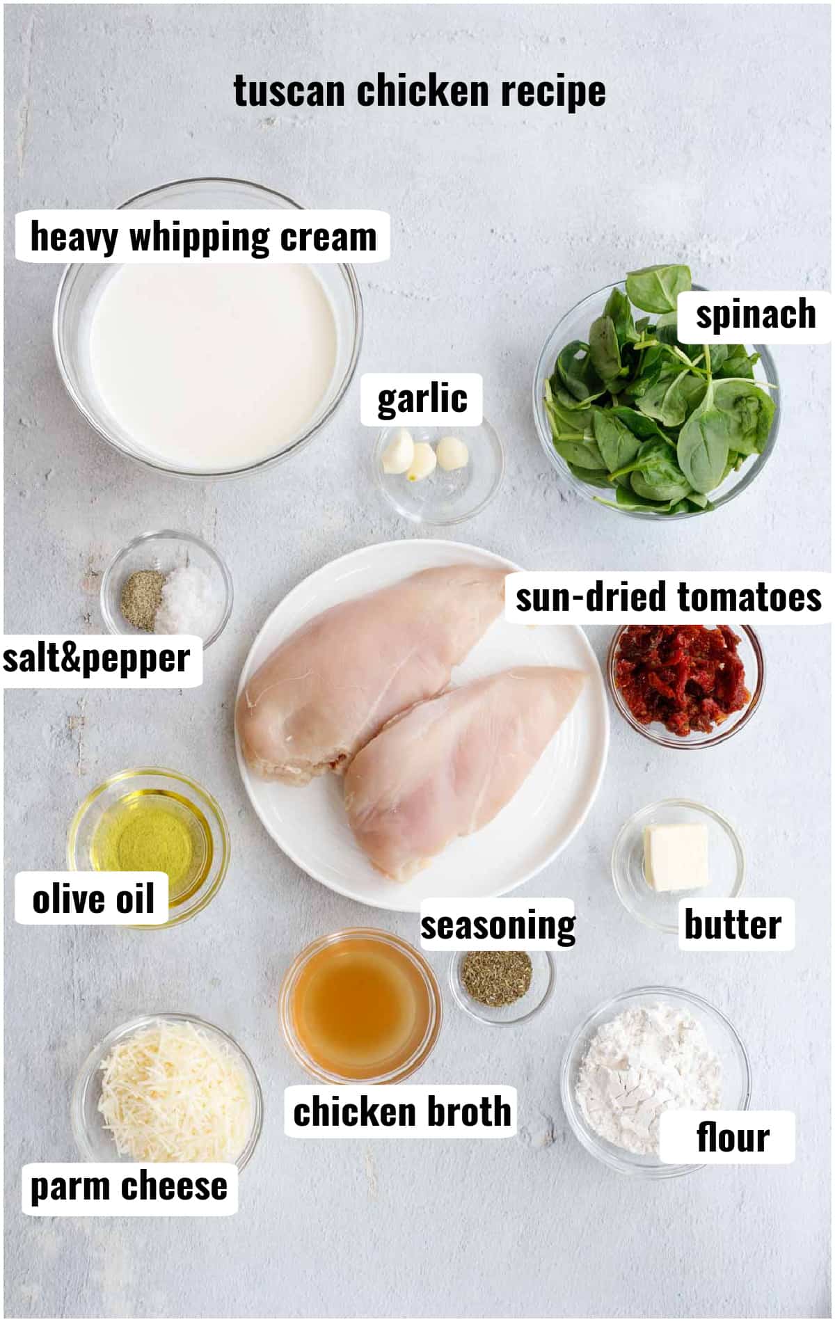 All the ingredients for this tuscan chicken recipe.