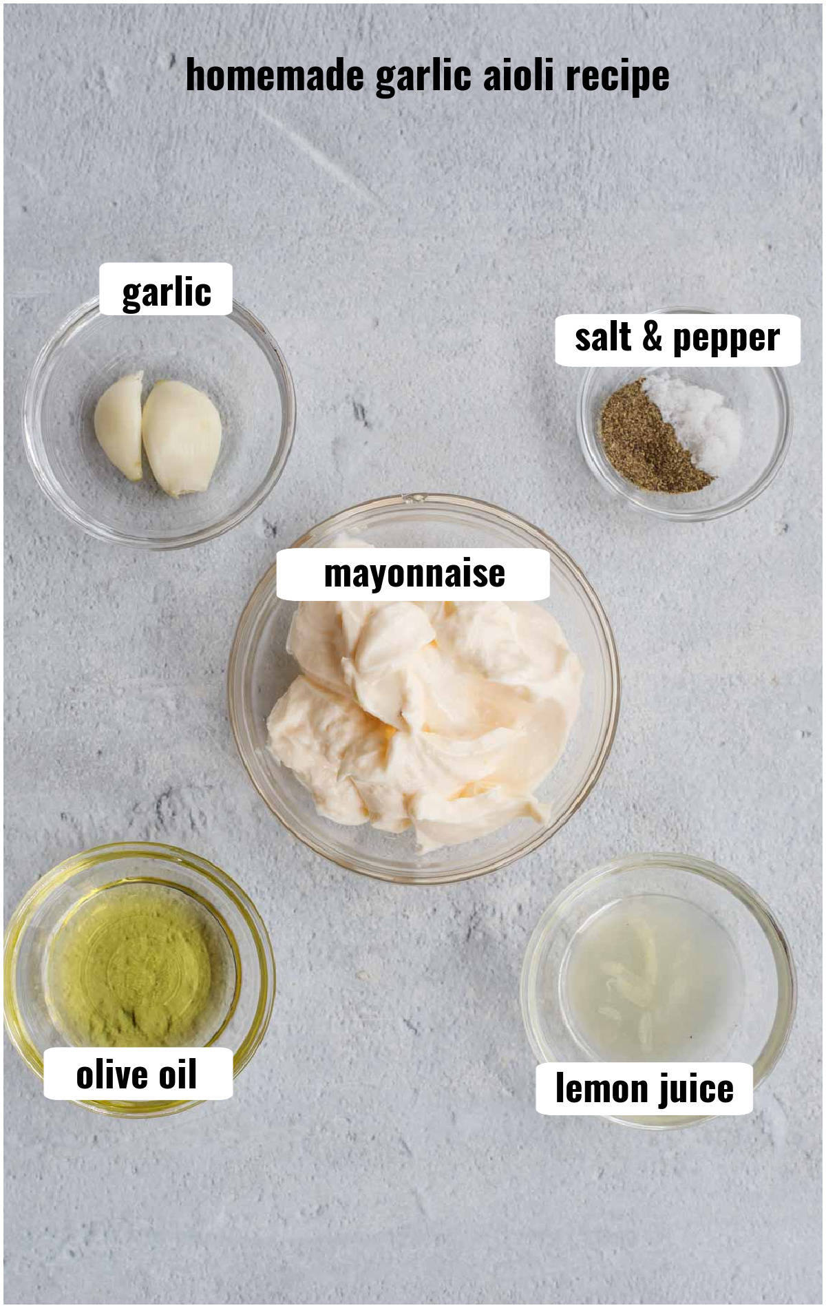 All the ingredients for garlic aioli in their own glass container.