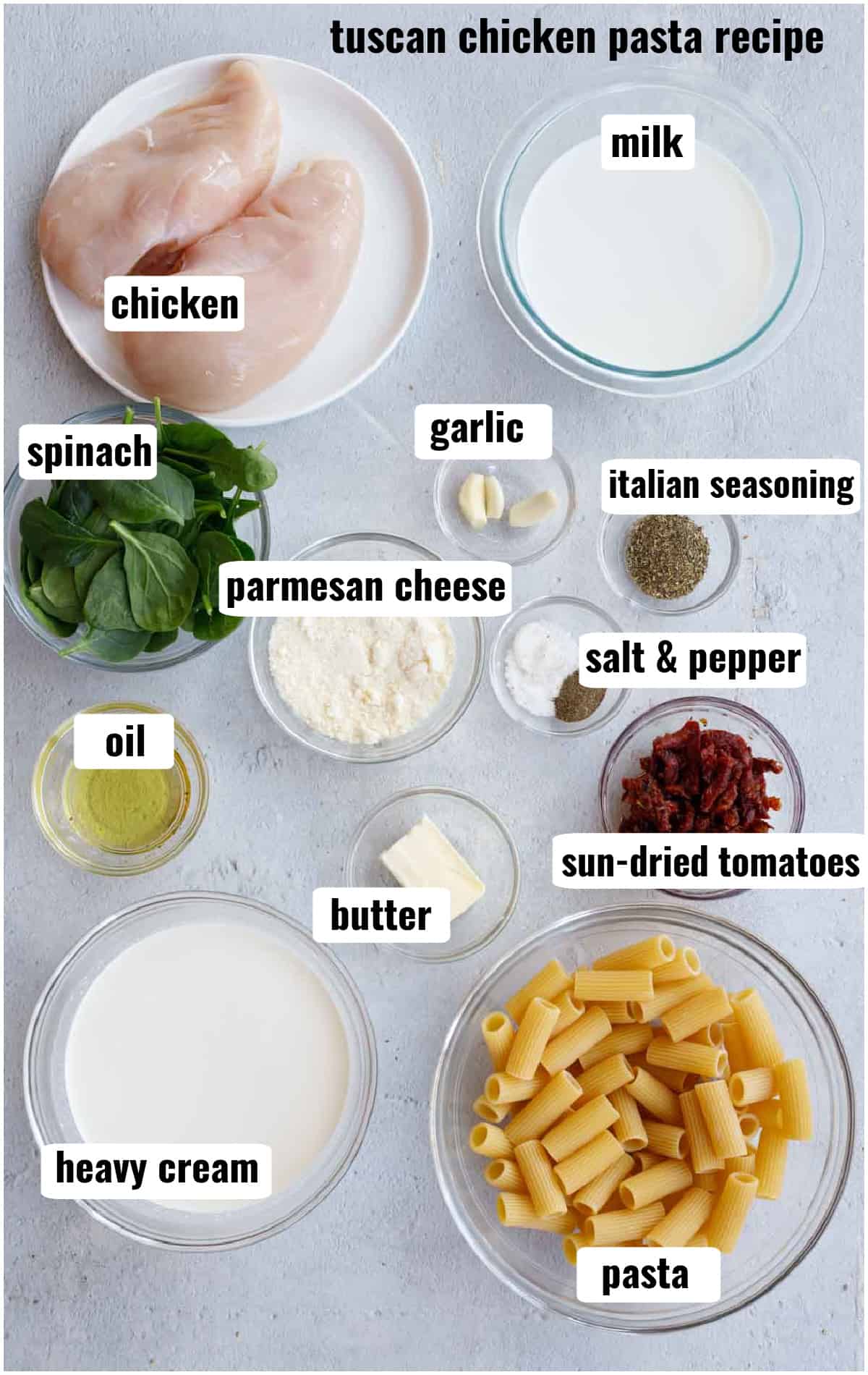 All the ingredients for tuscan chicken pasta in glass bowls. 
