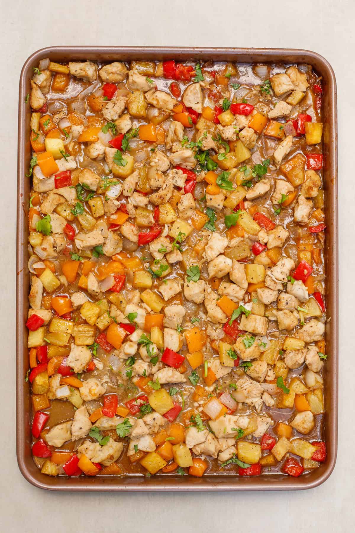 This hawaiian chicken sheet pan recipe makes a flavorful and delicious entree.