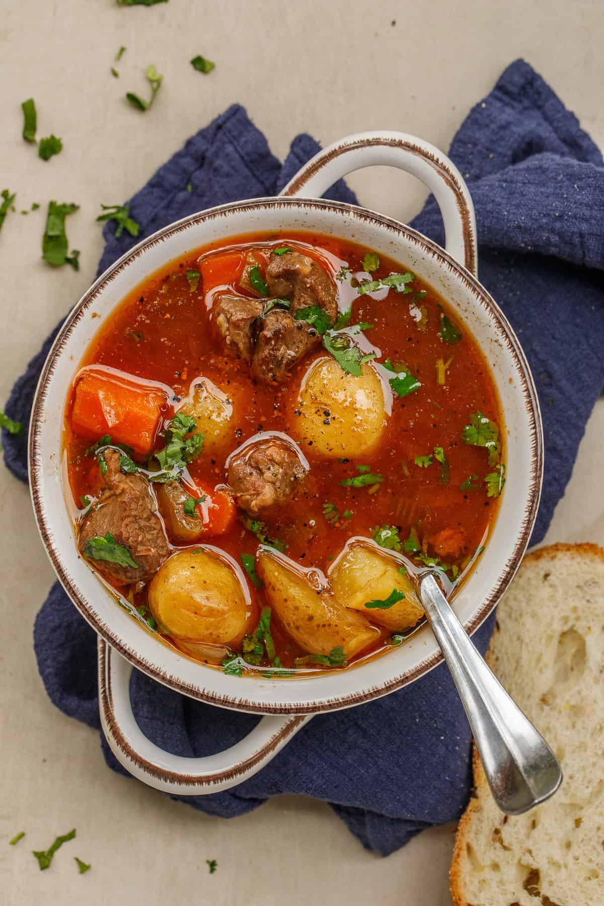 This braised beef stew recipe makes the ideal comfort meal from scratch. A bowl of hearty beef and veggie stew.