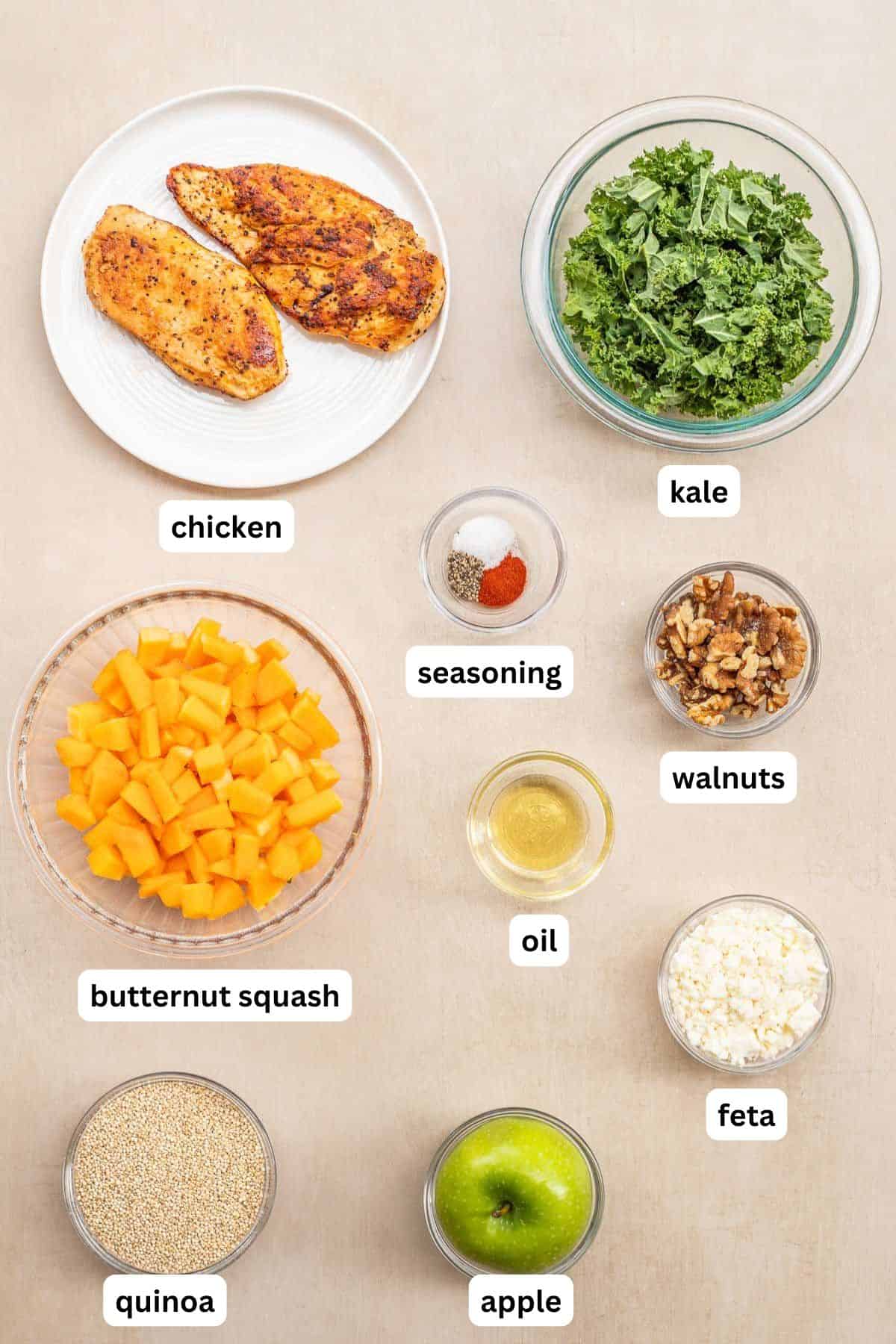 The ingredients for this classic harvest bowl recipe make a delicious protein packed lunch. All of the ingredients for a winter harvest bowl labeled.