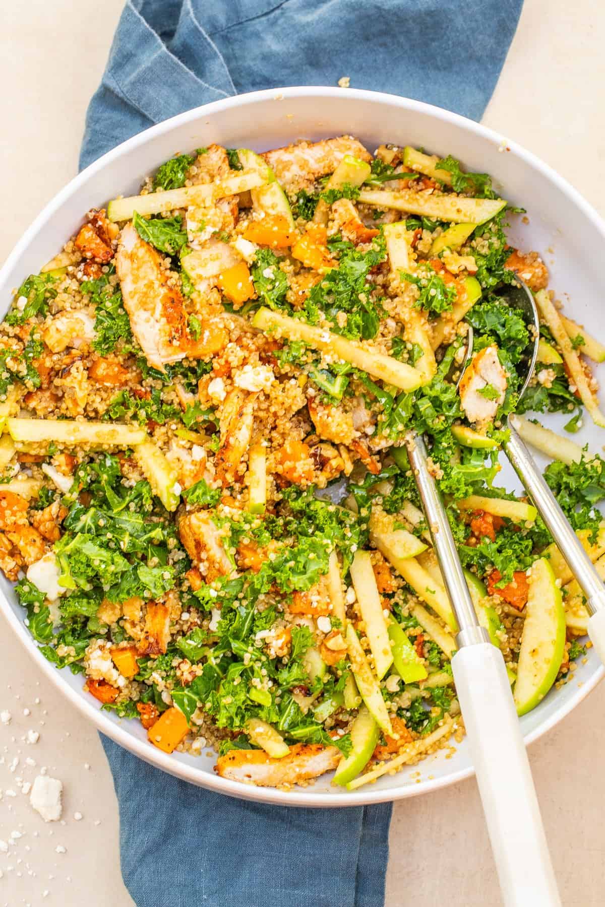 This classic harvest bowl recipe makes the best tasty and healthy bowl. This bowl is loaded with pan seared chicken, crisp apples, and fluffy quinoa. A bowl with the mixed winter harvest salad.
