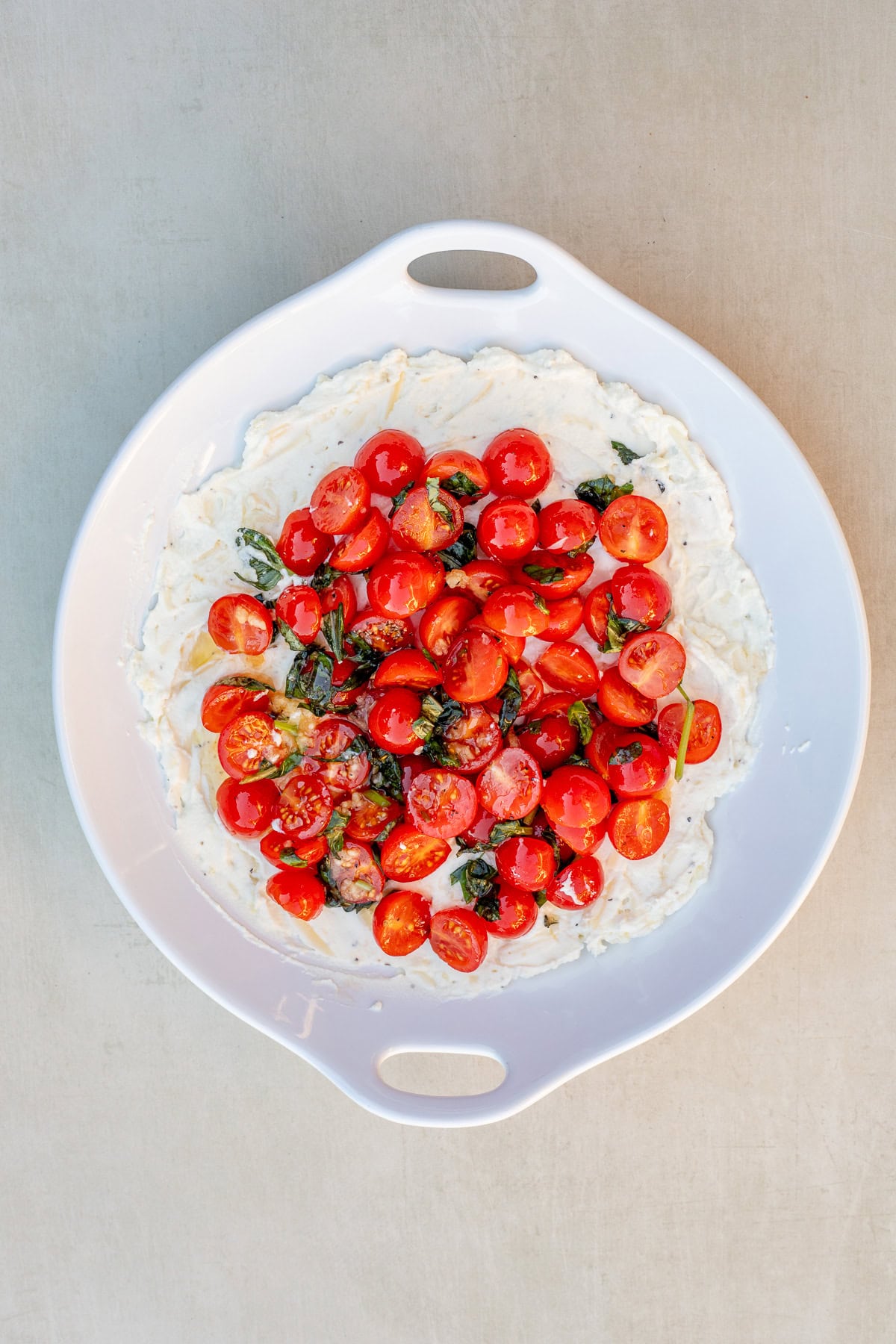 This quick and easy cheese dip is loaded with a flavorful ricotta base and a roasted tomato topping. A baking dish with the ricotta dip and tomato topping.
