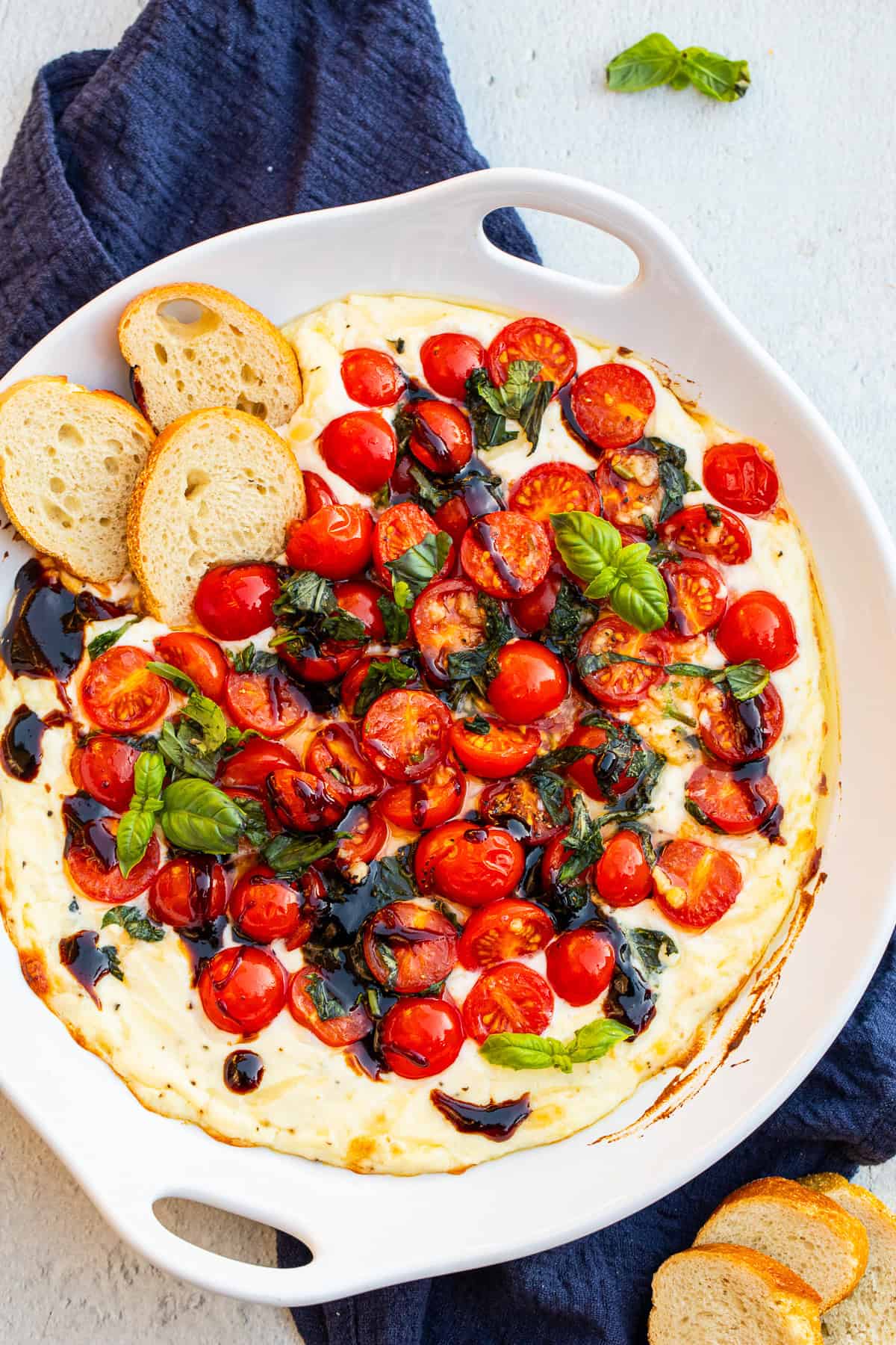 This ricotta cheese dip is topped with a drizzle of balsamic glaze and fresh basil for the perfect presentation and flavor. A baking dish with the cheesy ricotta dip topped with roasted tomatoes.