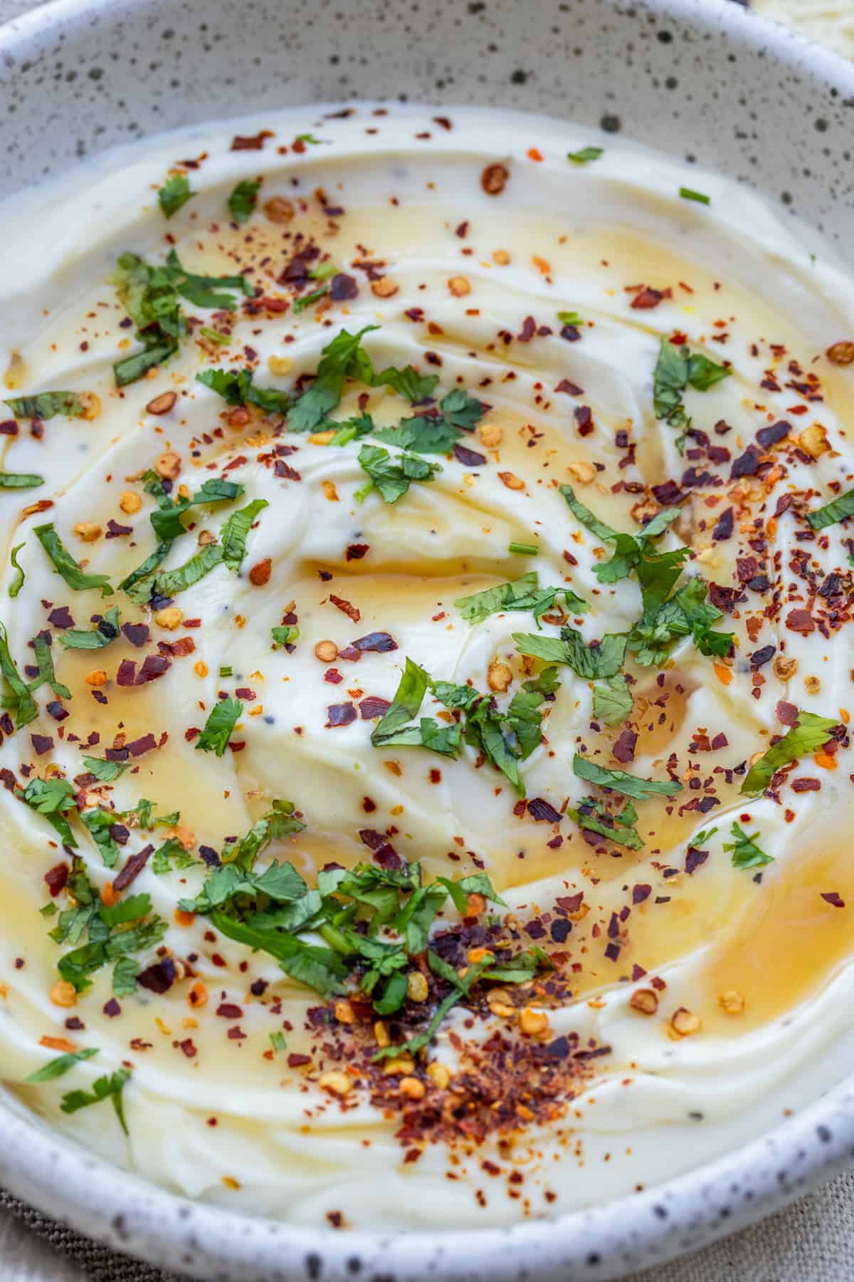 Whipped Ricotta Dip makes the perfect appetizer for parties and entertaining A bowl with the ricotta spread, topped with honey, fresh herbs, and red pepper flakes.