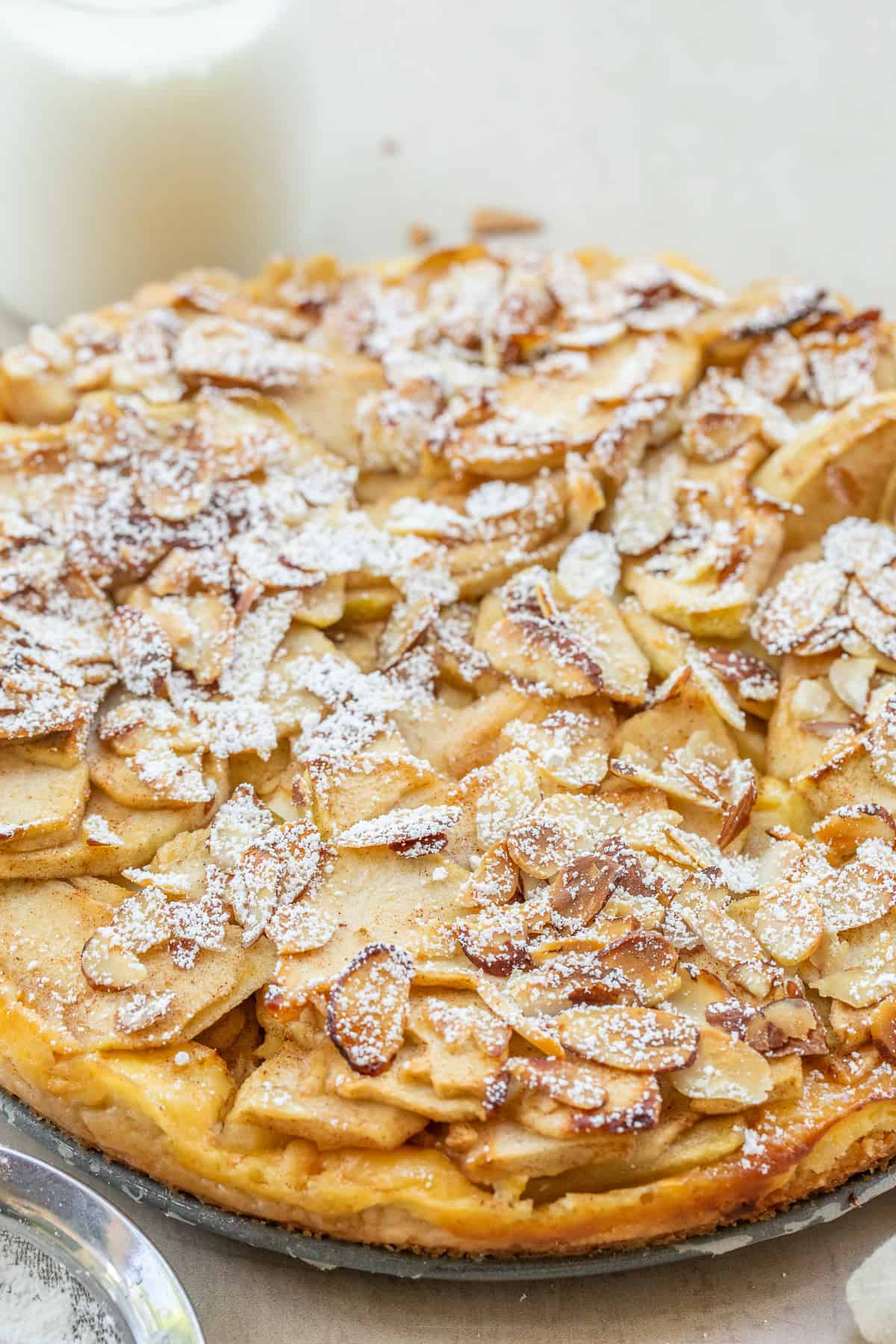 Elegant yet easy to make, this Bavarian apple torte is layered with cream cheese filling, fresh apples, and warm cinnamon flavor. A classic dessert recipe that’s perfect for fall and holiday baking. A delicate apple torte topped with almonds and powdered sugar.