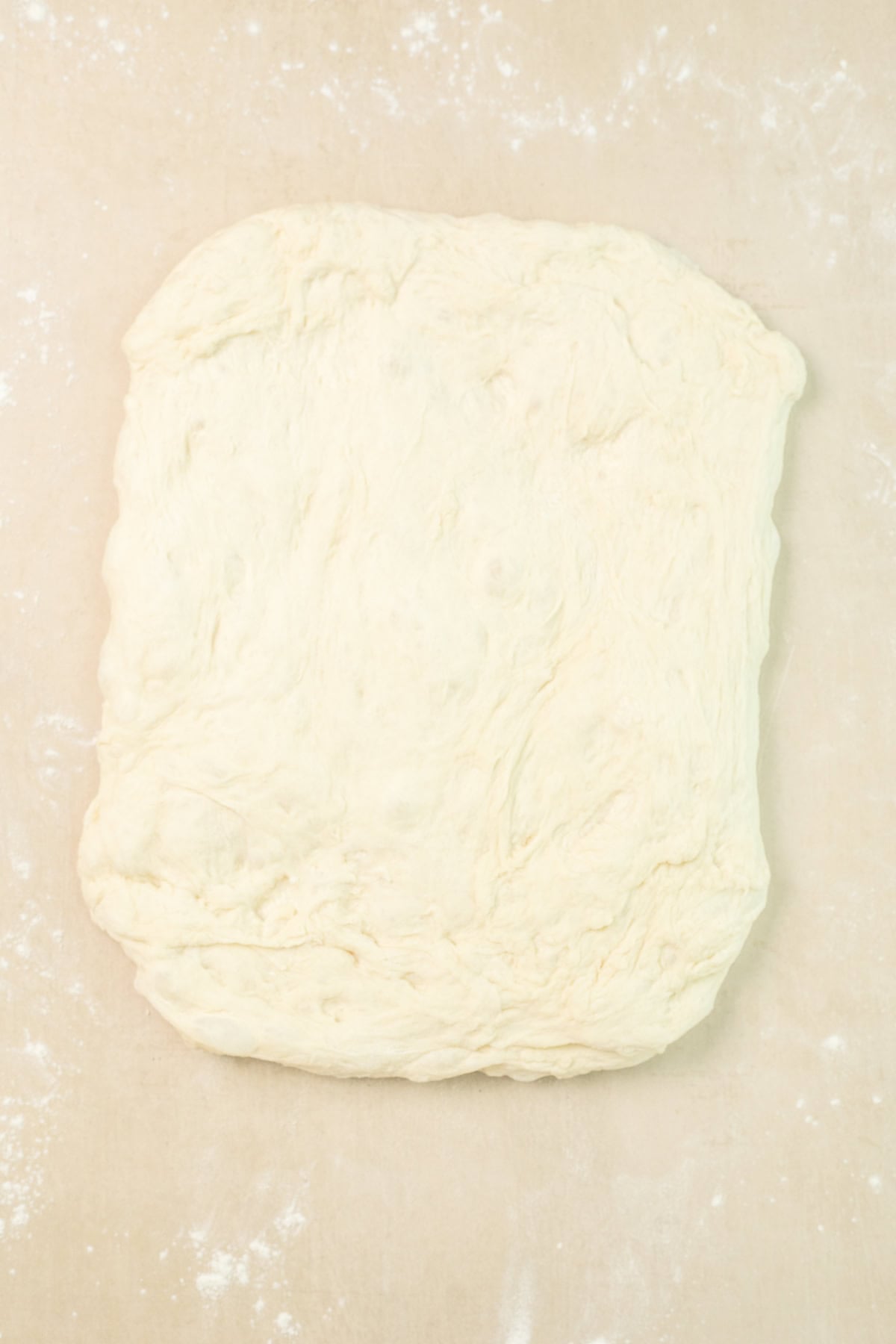 Crusty Ciabatta Rolls Recipe The ciabatta rough rolled out into a rectangle.