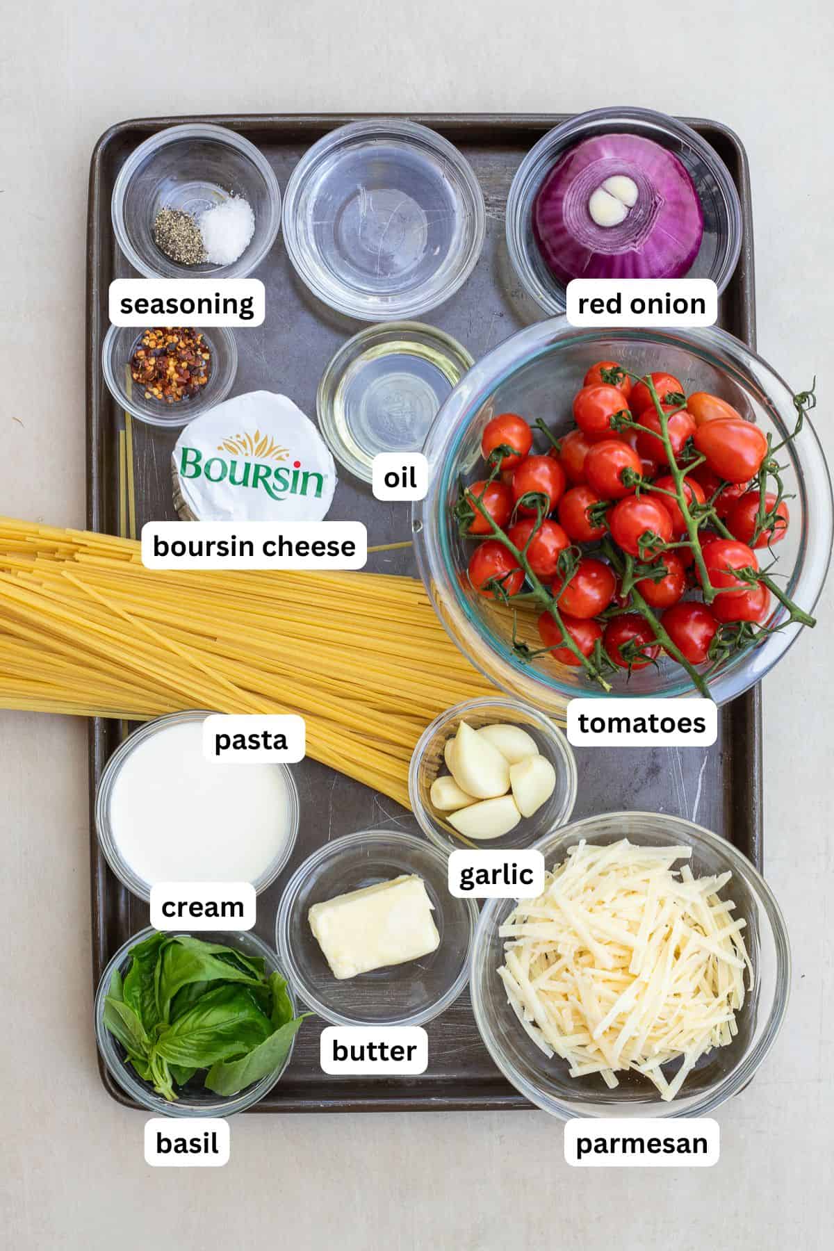 Easy Creamy Tomato Boursin Pasta All of the ingredients for tomato pasta labeled.
