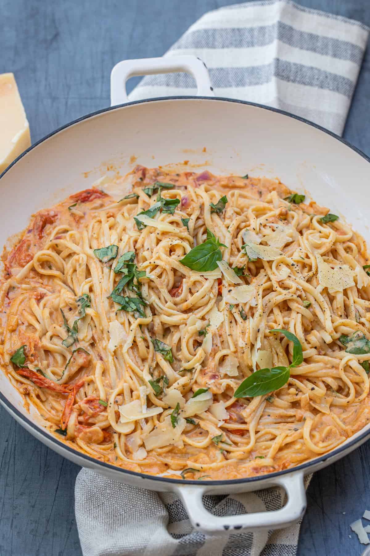 Creamy Tomato Pasta with Boursin Cheese A pot of cheesy tomato boursin pasta.