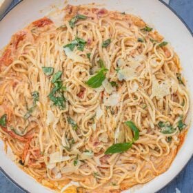 A pot of creamy tomato boursin pasta.
