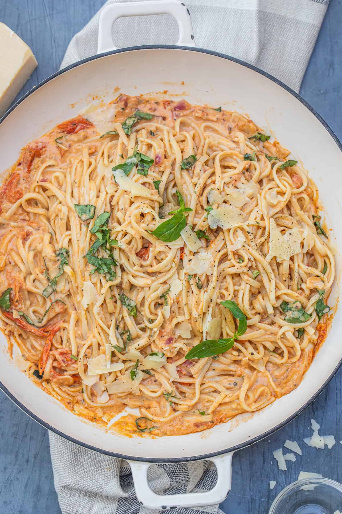 A pot of creamy tomato boursin pasta.