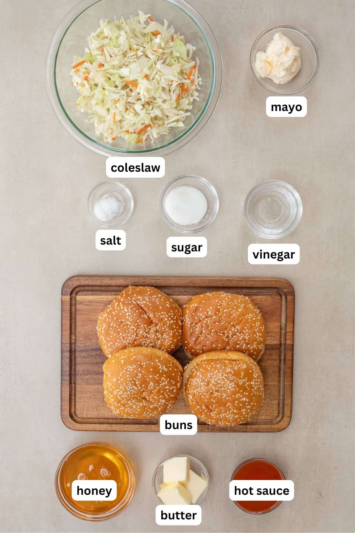 Homemade Hot Honey Chicken Sandwich Recipe The remaining hot honey chicken sandwich ingredients labeled.