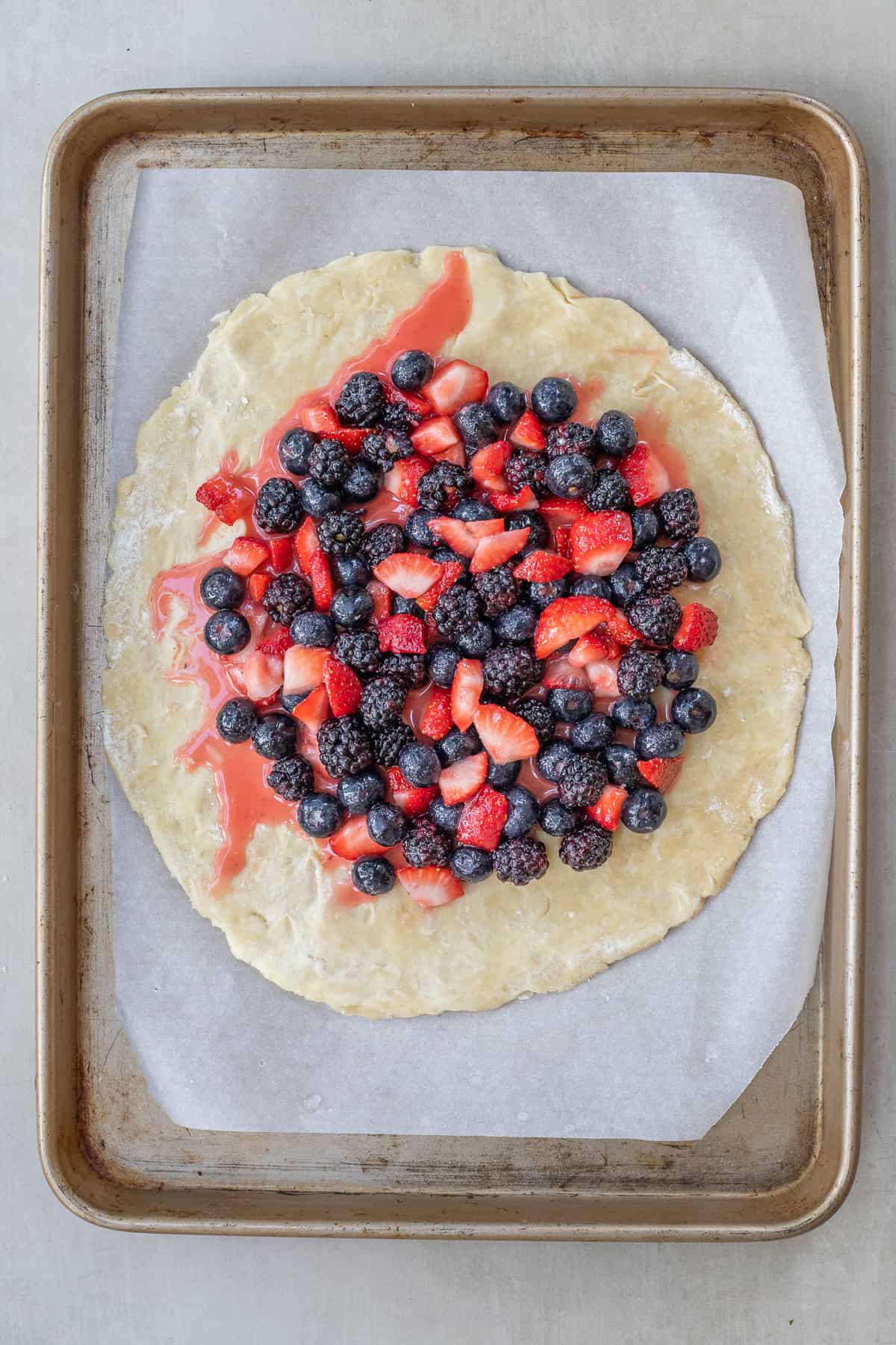 Mixed Berry Galette Dessert Perfect for Summer Gatherings The rolled out galette dough with mixed berry in the filling.