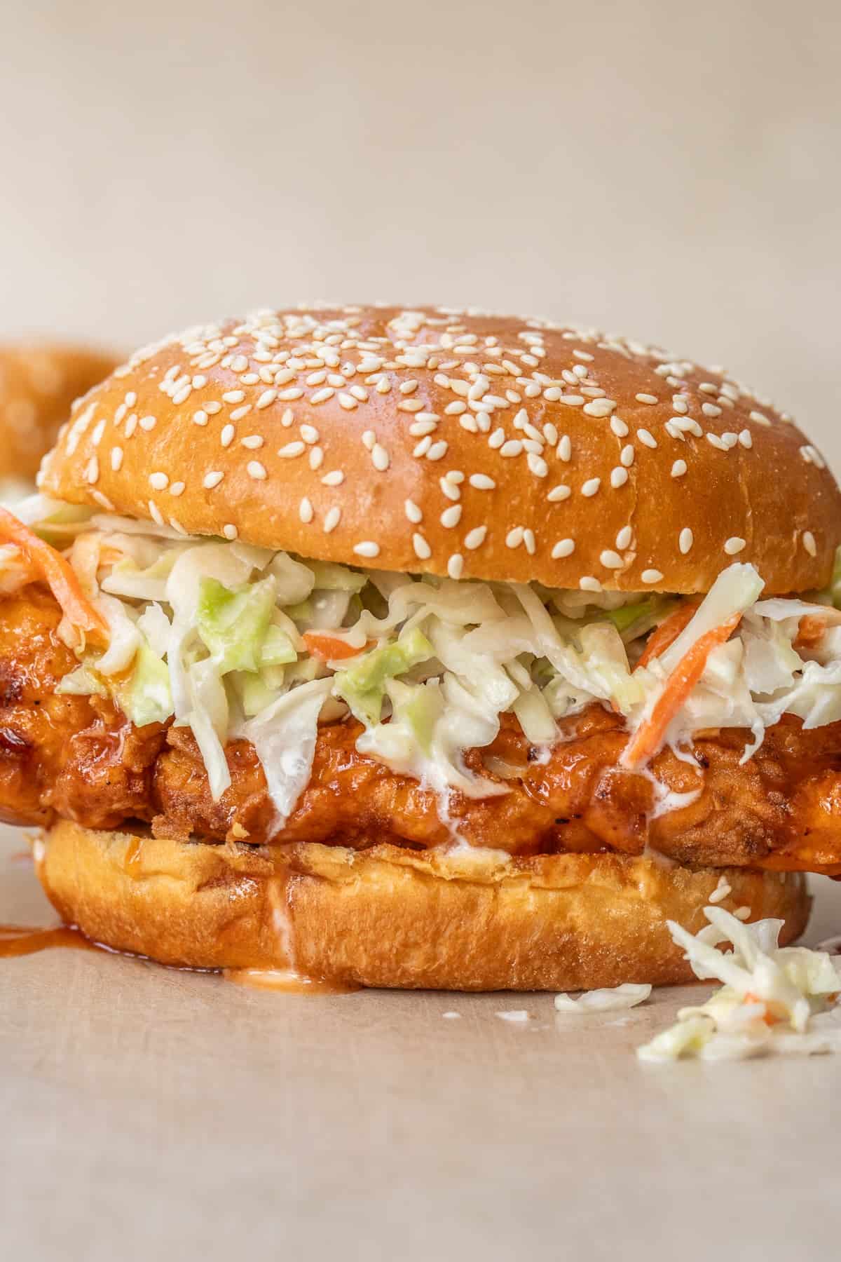 Hot Honey Chicken Sandwich with Coleslaw The assembled hot honey chicken sandwich.