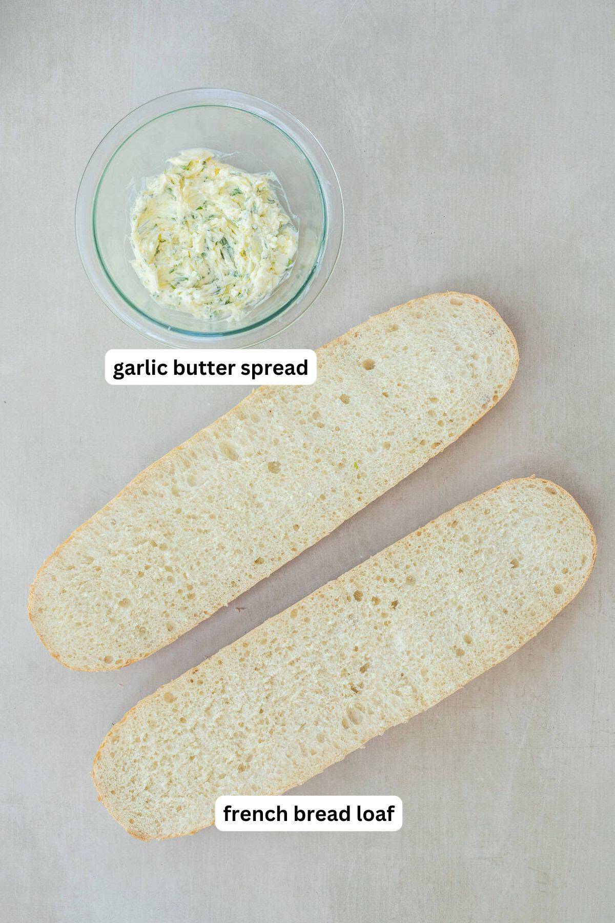Homemade garlic bread makes the perfect side dish for pasta and soup. Labeled ingredients for making garlic bread.