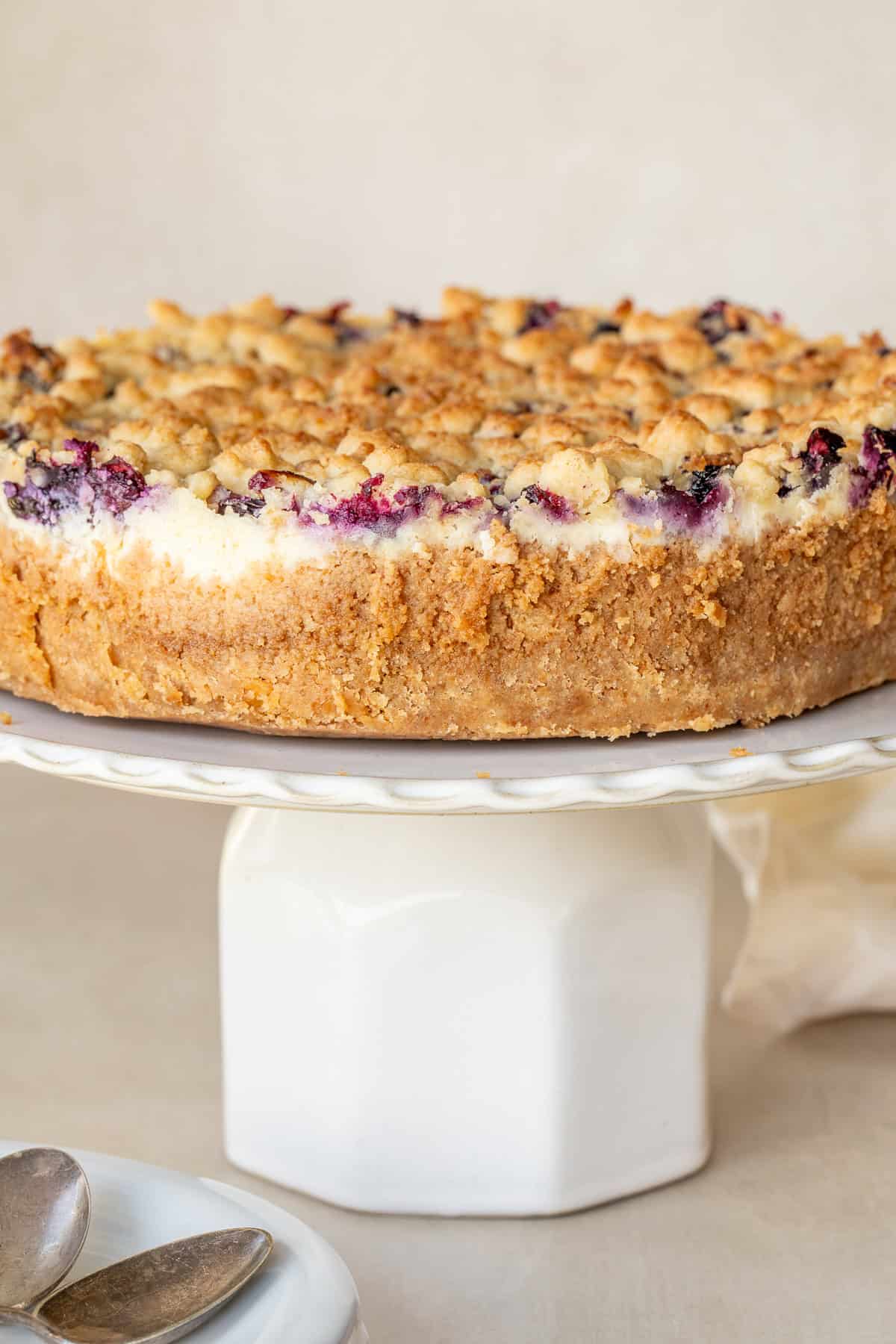 Blueberry crumble cheesecake served as a delicious homemade dessert for special occasions. The layered blueberry cheesecake on a cake stand.