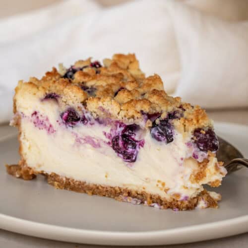 A slice of blueberry crumble cheesecake.