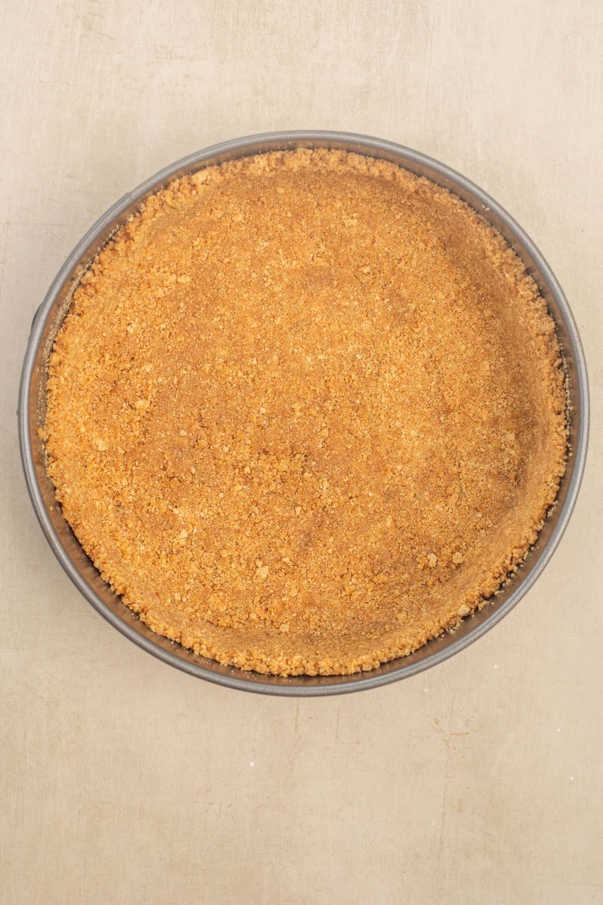 Fresh blueberries spread over a creamy cheesecake before adding the crumble topping. A baking pan with the cheesecake pressed into it.