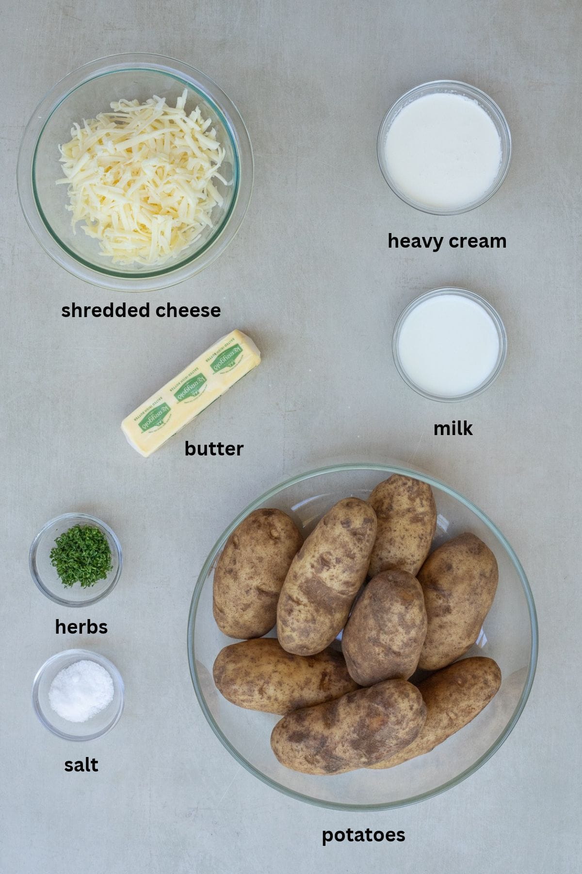 Ingredients for Cheesy Mashed Potatoes All of the ingredients for mashed potatoes are labeled.